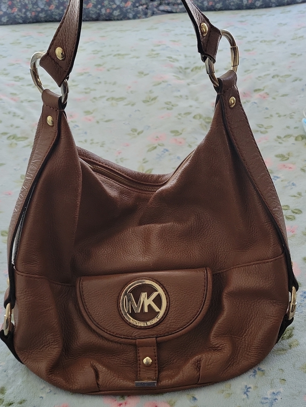 Michael Kors Brown Leather Shoulder Hobo with Gold MK Emblem